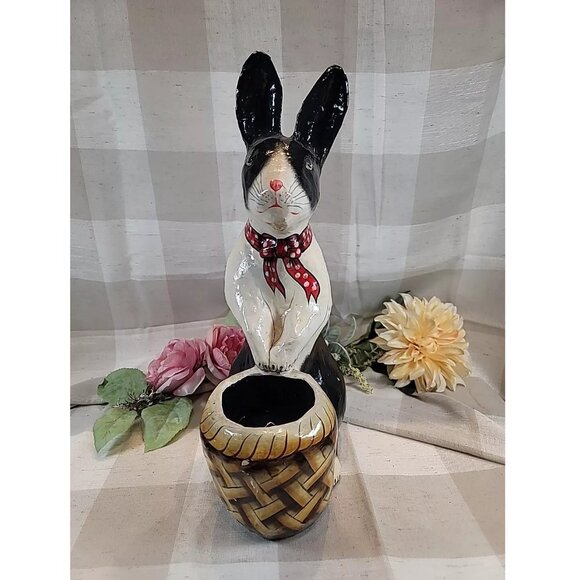Paper Mache Painted Easter Bunny Dutch Rabbit Basket Candy Holder Vintage 17" - Picture 2 of 12